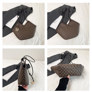 Detailed four-way view of brown tote bag with M-pattern print and gold pendant