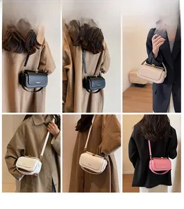 Fashion crossbody square bags shown on models in black, beige, white, and pink leather