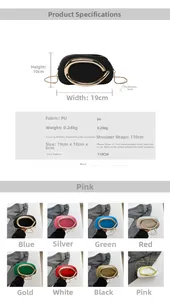 Detailed sizing guide and eight-color selection for this metallic ring evening clutch bag