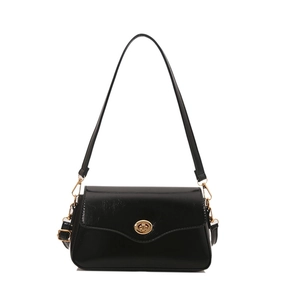 Classic black oil-wax leather shoulder bag with elegant gold twist-lock buckle