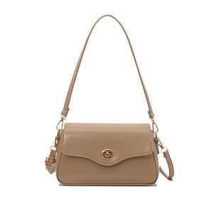 Minimalist beige PU leather crossbody bag with flap and gold metal twist lock closure