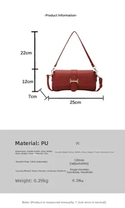 Detailed size chart for red PU shoulder bag with gold H-clasp and dimensions