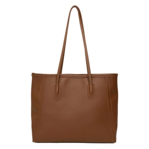 Deep brown minimalist faux leather tote bag with elegant handles for daily commuting
