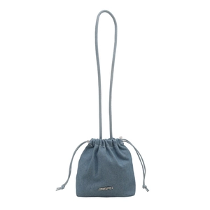 Blue denim drawstring bucket bag with JINGPIN logo and long shoulder strap