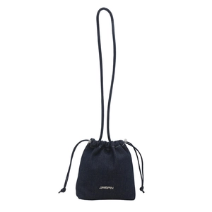 Minimalist navy denim drawstring bucket bag with long shoulder strap and brand logo