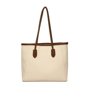 Classic cream tote bag with dark brown straps and sleek faux leather texture