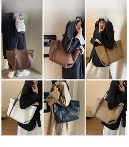Collage of six woven leather tote bags in various colors shown on models for styling