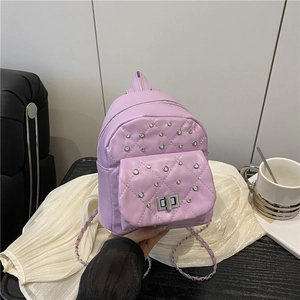 Mini lavender purple quilted backpack with diamond rhinestones and silver metal chain strap