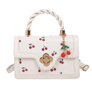 Fashionable white crossbody bag with red cherry patterns and braided handle