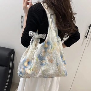 Tragetasche aus Canvas mit Blumenmuster, Spitzen-Schleife und großem Fassungsvermögen