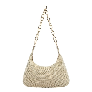 Beige woven straw hobo bag with gold metal chain strap for summer beach holidays