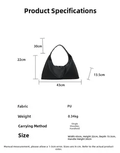 Size chart for black PU leather hobo bag with measurements 43x22x13.5cm and strap height 30cm