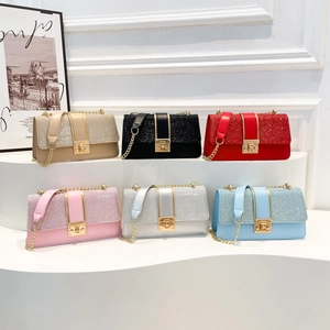 Chic patchwork flap crossbody bags with glitter texture and metal chain in six colors