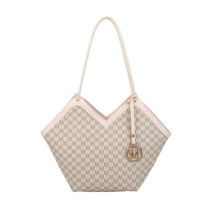 Beige tote bag with M-letter monogram pattern and round metal pendant accessory