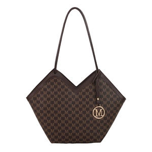 Fashionable brown monogram tote bag with gold M-pendant and large capacity bucket design