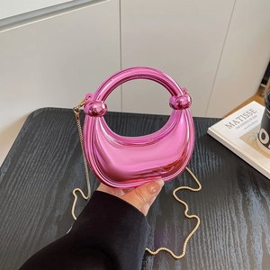 Metallic pink mirror acrylic mini half-moon handbag with gold chain strap for women