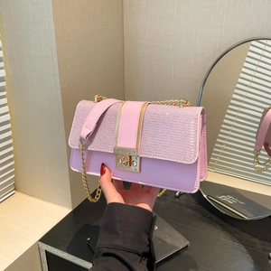 Pink sequin chain small square crossbody bag with gold metal clasp for women