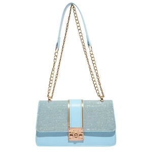 Chic light blue crossbody flap bag with glitter finish and golden chain strap