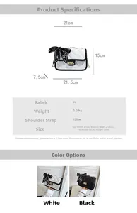 Quilted chain bag detail with dimensions and stylish letter print bow decoration