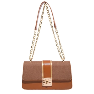 Fashion Patchwork Women PU Leather Crossbody Bag Contrast Color Small Square Bag With Gold Metal Chain Lock Closure