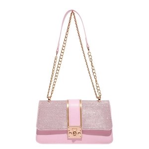 Chic pink glitter square crossbody bag with gold chain strap for women 2025 style