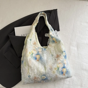 Bestickte Canvas-Einkaufstasche mit Blumenmuster, Spitzenbesatz und großem Volumen