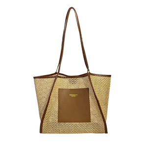 Large capacity woven tote bag with brown leather trim and shoulder straps on white background
