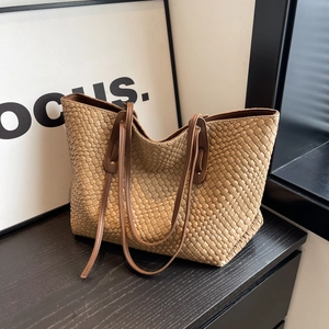 Retro woven tote bag with brown leather straps and large capacity for daily use