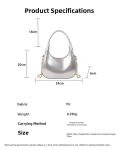 Detail specifications of silver crescent bag showing 24x20x6 cm dimensions and PU material