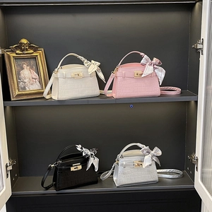 Women Crocodile Pattern Mini Square Crossbody Bag With Silk Scarf Elegant Metal Lock Handheld Satchel For Daily Fashion