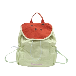 Watermelon design school backpack with drawstring closure and green canvas body