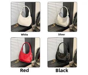 U-shaped crescent handbag in glossy patent leather colors with gold chain straps