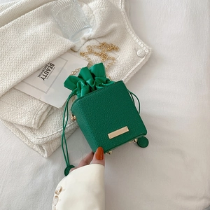 Mini green box bucket bag with lychee pattern leather and gold chain strap