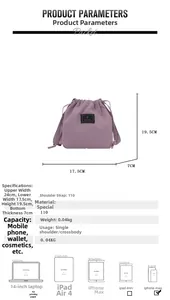 Detailed size chart for purple nylon bucket bag showing dimensions and capacity