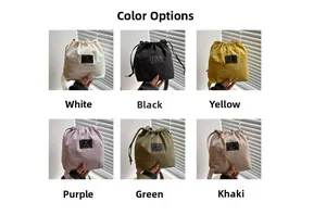 Detailed grid view of minimalist drawstring bucket bags in six vibrant summer colors