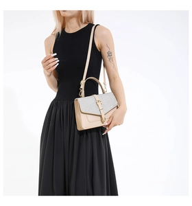 Detail view of beige crossbody bag featuring silver sequins and gold metallic buckle