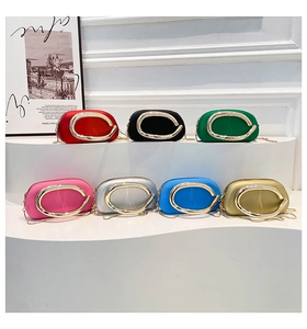 Close-up of seven acrylic clutch bags with gold metal C-handles in various colors