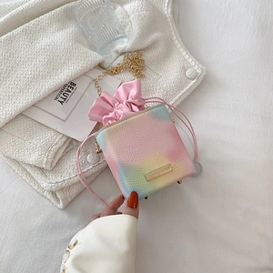 Mini square drawstring chain bag featuring a pink yellow blue gradient lychee texture