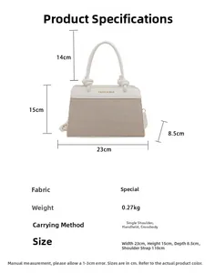Detailed size specifications for the contrast patchwork handbag with 23cm width and dimensions