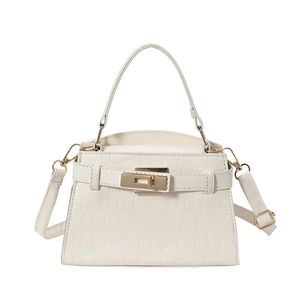 Elegant white crocodile embossed crossbody bag with gold buckle and top handle strap