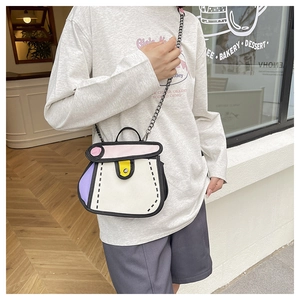 Detail of 2D cartoon style chain bag showing bold outlines and pink contrast flap