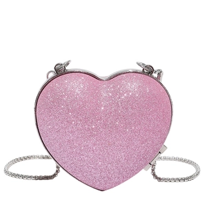 Petit sac en forme de cœur à paillettes roses avec bandoulière chaîne argentée