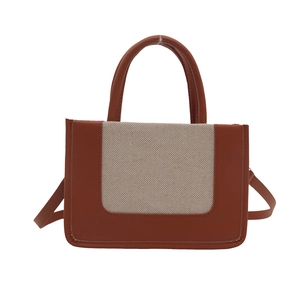 Brown faux leather and beige canvas拼接 square handbag with double top handles and strap