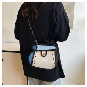 Back view of a model wearing a 2D cartoon style canvas bag with blue flap and chain strap