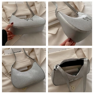 Detailed views of a silver hobo bag featuring metallic fabric and a bow metal ornament