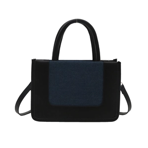 Minimalist black faux leather and blue denim patchwork large capacity tote crossbody bag