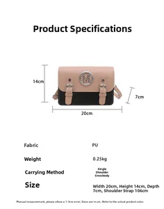 Detailed specs of two-tone PU leather crossbody bag with metal M logo and dimensions