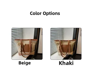 Straw bucket bag color options in beige and khaki with lace bow and leather pocket detail