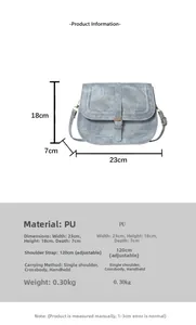 Detailed dimension guide for the blue PU leather saddle bag with adjustable strap info