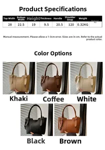 Detailed size chart and multi-color options for the PU leather bucket handbag